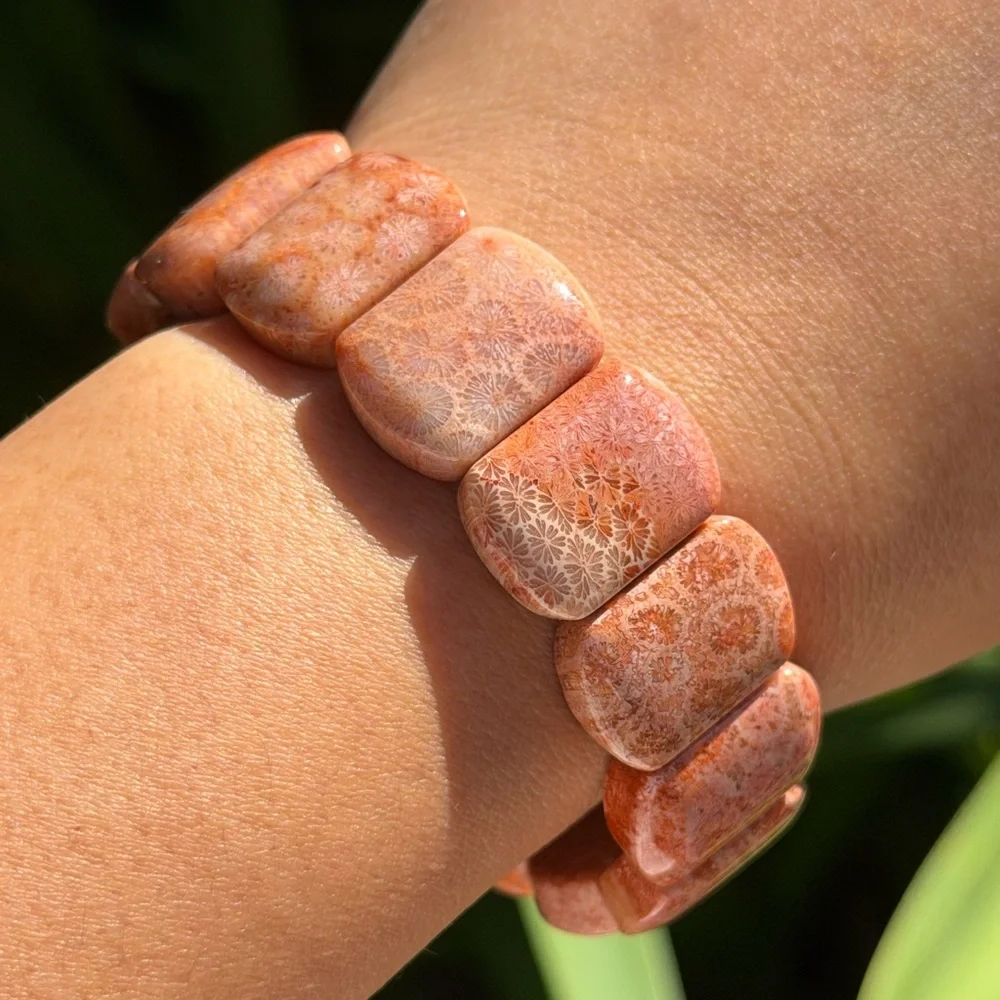Stretchable red fossilized coral‎ soft bangle 0699